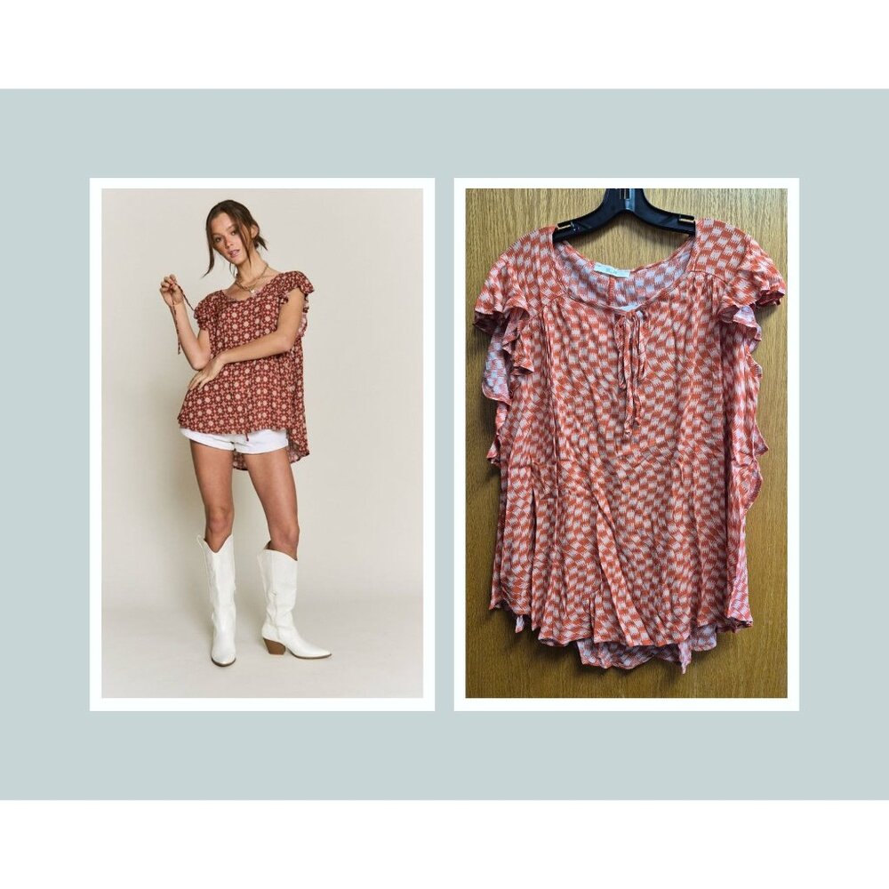 Rust-Red Floral Ruffle Sleeve Rayon Top With Tie Neck Small